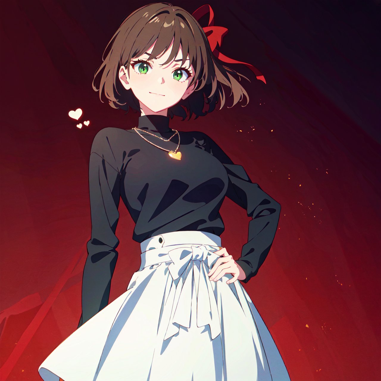 1girl, black shirt, bow, breasts, brown hair, closed mouth, cowboy shot, dot nose, doyagao, gradient background, green eyes, grid background, hair ribbon, hand on own hip, heart, heart background, jewelry, long sleeves, looking at viewer, medium breasts, motion lines, necklace, red background, red ribbon, ribbon, shirt, short hair, skirt, smile, smug, solo, turtleneck, v-shaped eyebrows, waist bow, white bow, white skirt, (seductive:1.2), (sexy:1.2), (beautiful:1.2), (attractive:1.2), ((hyper super ultra detailed perfect piece)), (perfect details:1.1), (masterpiece, 4k ,ultra detailed:1.2), (anime:1.2), (illustration:1.1), ((high resolution)), (Highest Quality), Amazing Details:1.25), (Raytracing:1.2), Bloom, Volumetric Lighting, Best Shadows, high resolution, 8k_wallpaper, dynamic light, cinematic light, two tone lighting, rim lighting, dark studio, dimly lit, low key