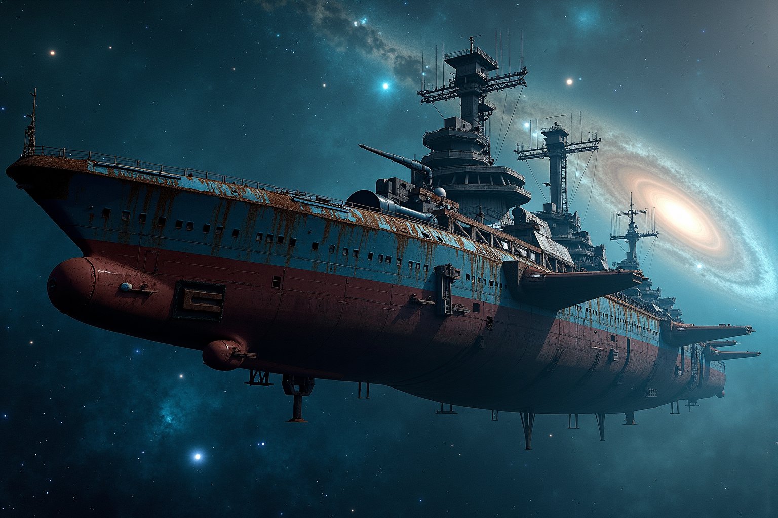 A colossal spaceship, space battleship Yamato, space battleship, large forward space canon from center of ship, space gun emplacements along the top and sides of the ship, metallic blue and red paint scheme faded with time, abandoned for over a century, drifts silently through the infinite darkness of space. The ship’s hull is rusted, a patchwork of metals scavenged from various galaxies, now fused together. Soft blue light seeps through microscopic cracks on its surface, hinting at a mysterious energy source deep within. In the background, billions of stars and the event horizon of a black hole spin silently around this forgotten giant, evoking a sense of awe. The ship floats on the edge of a massive galaxy, lost among shimmering dust clouds and cosmic gases. Enormous antennas mounted on the ship's surface still seem to be trying to capture an unknown signal. Inside, a being once human—now trapped between machine and consciousness—stands in a control room, guarded by the last artificial intelligence, questioning the meaning of its own existence.

Lens settings: 24mm wide-angle lens, f/2.8 aperture for high clarity even in low light, ISO 3200 to capture the depth of stars and space, long exposure time to ensure every detail is visible.