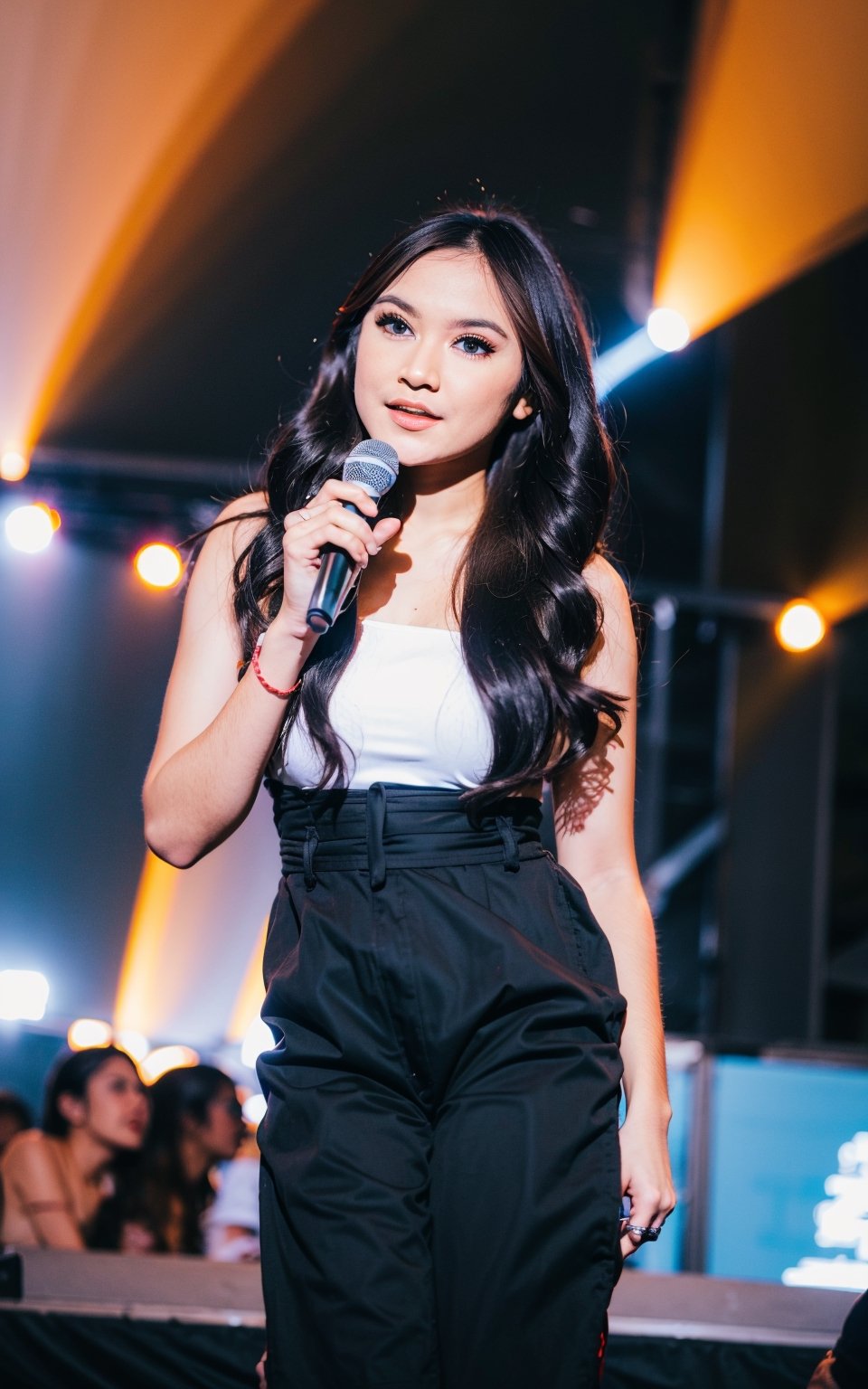 1 indonesian 20 yo girl,  long hair,  two tone hair, black and brown hair,  happy expression,  upper body,  (kpop idol, kpop idol clothing, singing, dancing),  (huge concert stage background, stage lighting),  oily skin,Indonesiadoll, jawline, model face, (facing_viewer), body facing front , standing, detailed face, amazingly beautiful , holding mic, 1girl, idol, singing in front of a crowd, concert, neon lights, dance, happy pose