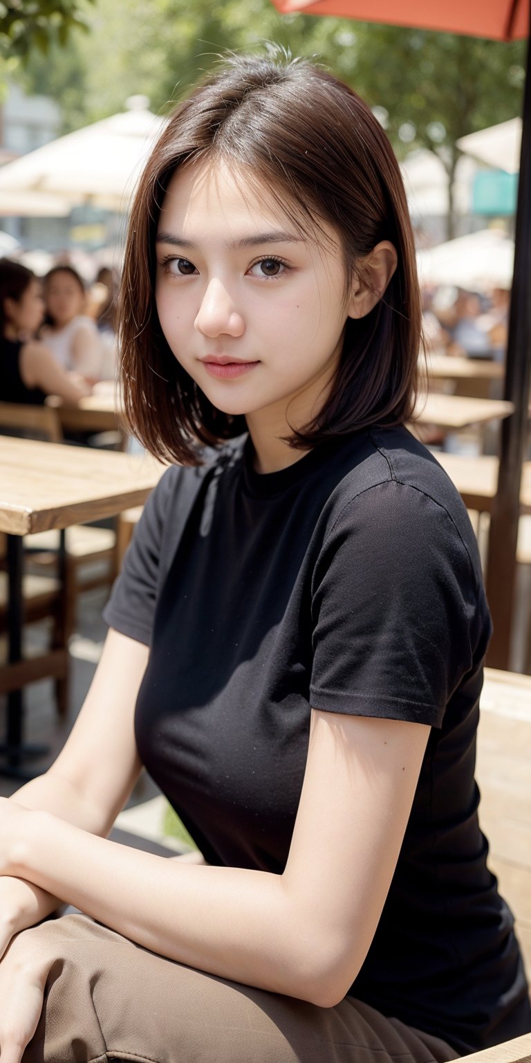 (bokeh:1.2), A young asian girl, short hair, black shirt, long brown pants, beautiful, short sleeves, outdoor cafe, morning, detailed skin, hairy arms, Apriapriliani1