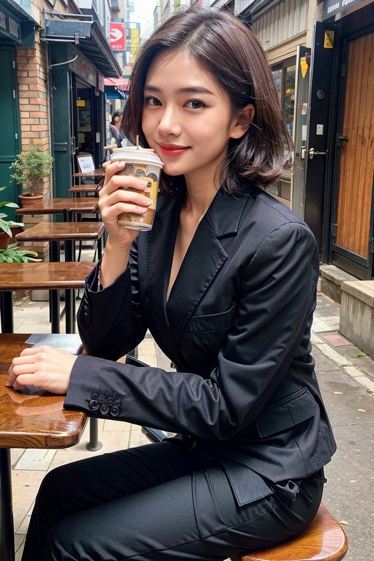 indonesian 20 yo girl, cute bright face,  wavy short hair, shiny_hair,  two tone hair, black and brown hair,   smiling, happy, mole_under_eye,  (full body), slender, messy hair, oily skin,Indonesiadoll, jawline, model face, (diagonal view), detailed face, amazingly beautiful ,raisalora, officelady, wearing blazer and black trouser, outdoor cafe, alleyway, sitting, (perfect hand, perfect fingers) , drinking coffee