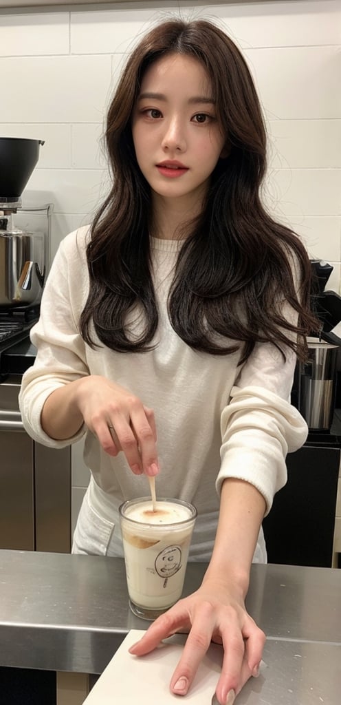 best quality, beautiful, (photorealistic:1.4), 1girl, wavy hair, messy_hair, mole_under_eye, detailed face, looking_at_viewer, perfect fingers, (diagonal view), Jisoo as a barista at a large cafe with white theme, large cafe background, wide shot, brewing, dynamic pose