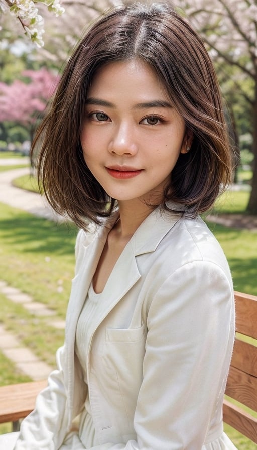 Sitting on wooden bench on a park under sakura tree, long white dress coat and long jeans, candid, facial_expressions, best quality, ultra detailed, 10mm photo, film, professional, 8k, super detailed, (1girl), (short-hair:1.2, hair bang, eyes between hair), (full body) 25 years old girl, ((High resolution)), ((High detail)), photo-realistic, masterpiece, formal art, texture natural skin, (white skin:1.5), realistic skin, hairy skin texture, (smooth skin face, mole under eye), (masterpiece, top quality), intricate details, masterpiece, beautiful, smile perfect teeth, sensual face, ((detailed face)), bright eyes, ((detailed eyes)),  hair_accessories, dynamic pose,Indonesiadoll