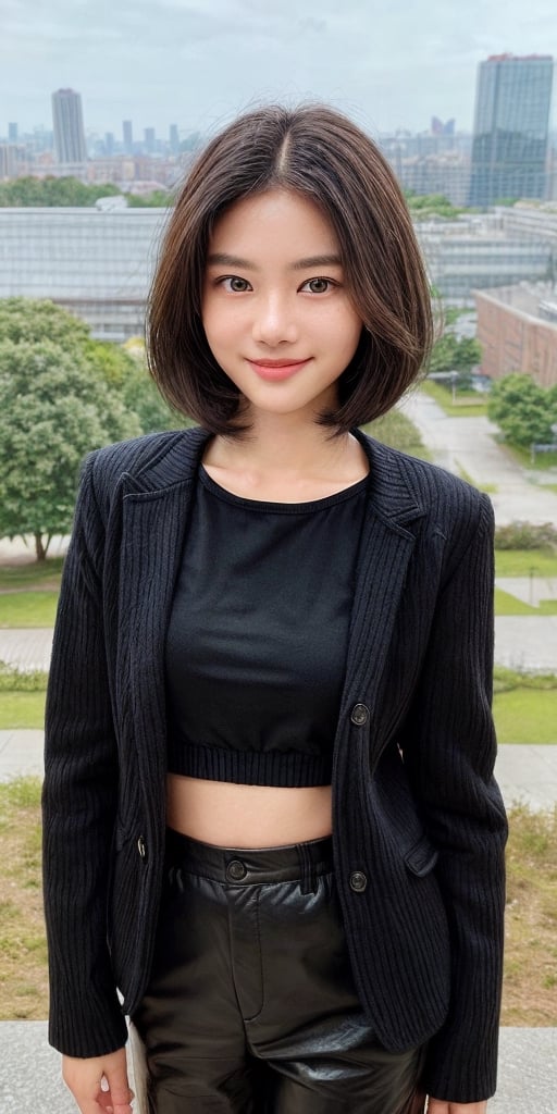 facing_viewer, (full body), best quality, ultra detailed, 15mm photo, professional, 8k, super detailed, (1girl:1.5), (short-hair:1.2, hair bang, eyes between hair), 25 years old girl, ((High resolution)), ((High detail)), photo-realistic, masterpiece, formal art, texture natural skin, (white skin:1.5), realistic skin, hairy skin texture, (mole under eye), (masterpiece, top quality), intricate details, masterpiece, (medium_breast), beautiful, (hairy arms, smile perfect teeth, ((detailed face)), bright eyes, ((detailed eyes)) ,Indonesiadoll, wide lens, professional model, photoshoot, wearing casual wear with jacket, long black pants,  in a park , city skyline background