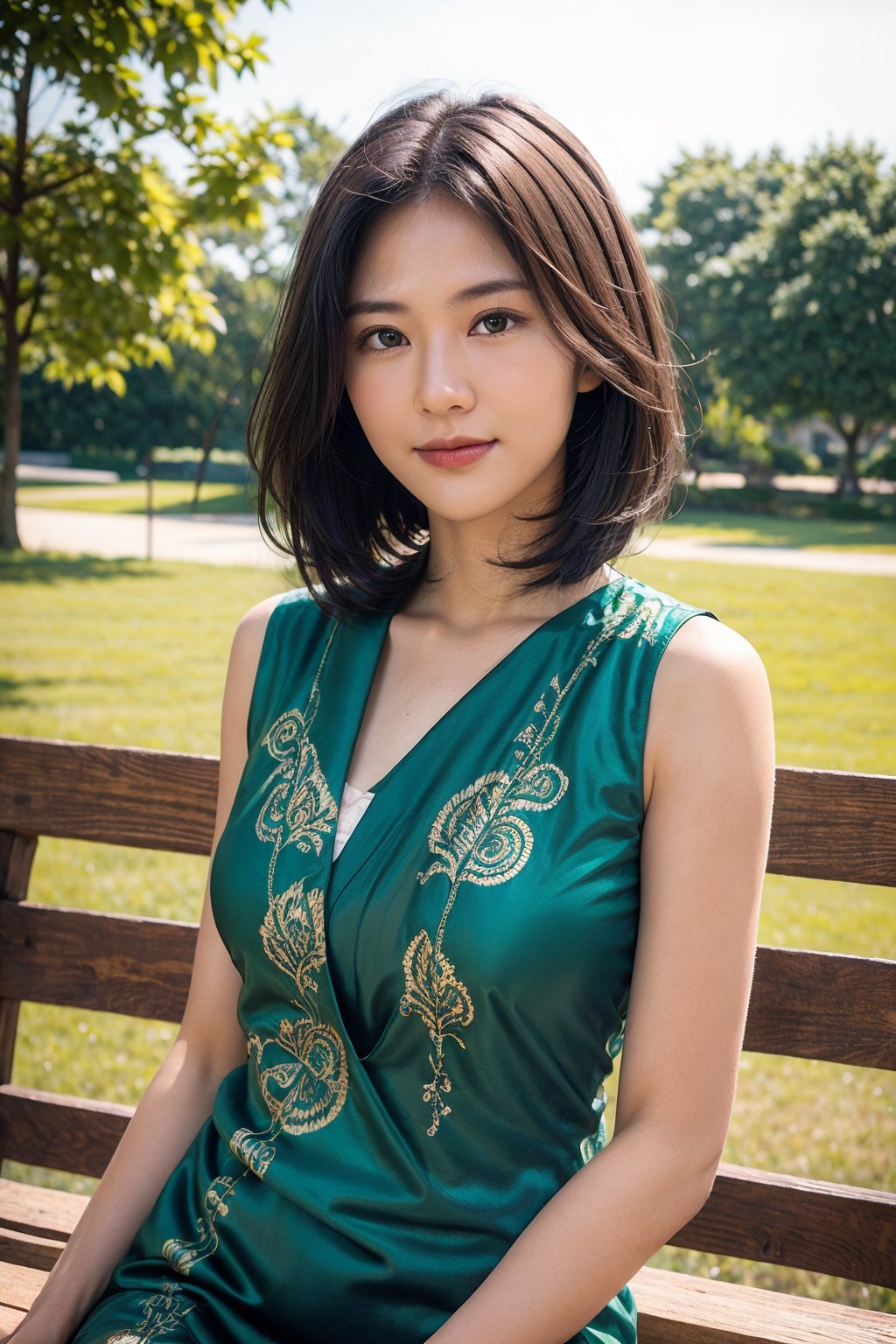 A young girl, 20 years old, she sits gracefully on a wooden bench on a park wearing beautiful batik showing her elegant curves of her body, raw photo, real photo, realistic, standing, full_body, morning, sunny, sunny sky, rays, outdoor, slight smile, short wavy hair, realistic, detailed skin, show face, hairy arms, arms_at_sides,mole_under_eye, bangs, centered