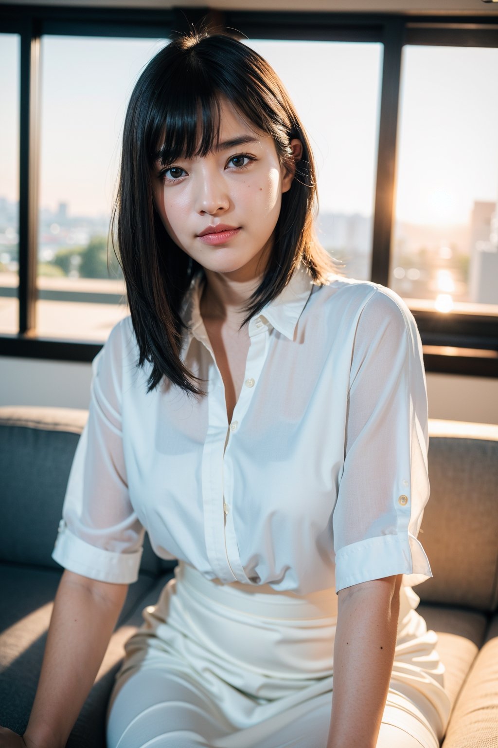 18 years old asian girl , tomboy, thinking about you pose, pretty face, smile, office_lady, long white blouse, long skirt , (straight short hair) , hair bangs,medium chest, slender, bokeh, couch, office situation, detailed skin texture , hairy arm, ray of light , open window, blue sky, mole_under_eye, alternative_hair_style,raisalora