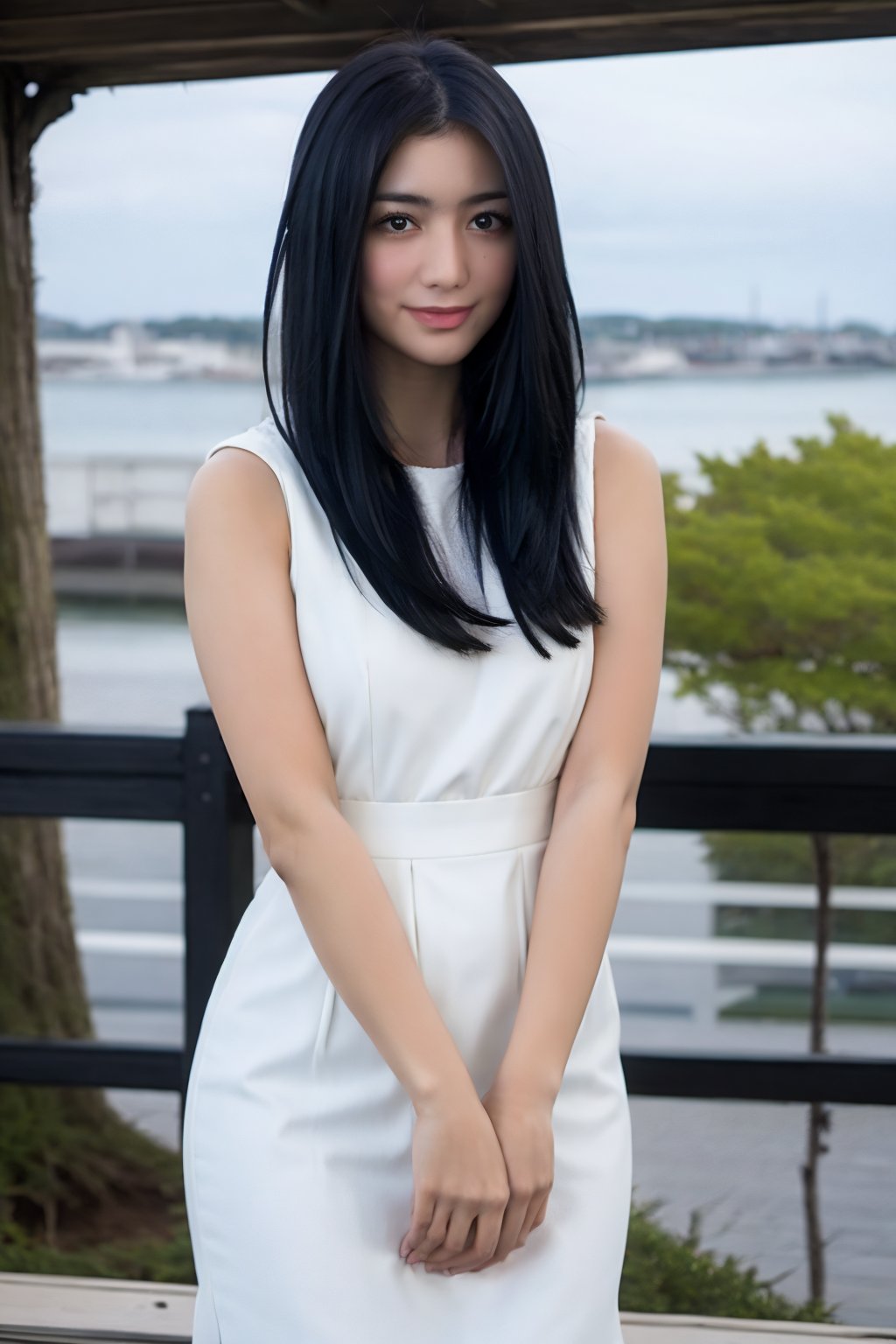 A young girl, 20 years old, raw photo, real photo, realistic, standing, full_body, morning, sunny, sunny sky, rays, outdoor, slight smile, long straight hair, realistic, detailed skin, detailed face, hairy arms, arms_at_sides,mole_under_eye, bangs, She stands gracefully on a bridge, showcasing her dress and the elegant curves of her body