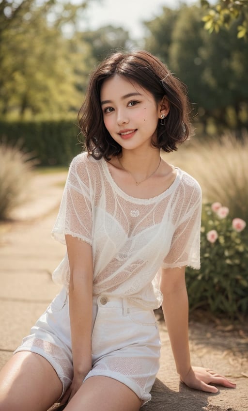 1 girl (full body), 18 years old, (short wavy hair:1.3), high contrast, (((hairy skin texture)), female hairy, hyperrealism, soft light, sharp), (beautiful location background, flowers, trees), (black hair), (small breasts), necklace, earrings, young girl, slight smile, (wearing oversized shirt and short pants, wearing white sneakers, best quality, masterpiece, spotlight, perfect body, looking_at_viewer, cowboy_shot,Indonesiadoll, mole_under_eye, beauty_mark, white_teeth, bright eyes, legs_apart, arms_at_sides