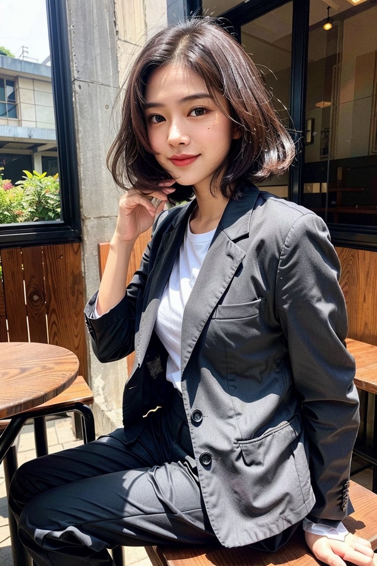 indonesian 20 yo girl, cute bright face,  wavy short hair, shiny_hair,  two tone hair, black and brown hair,   smiling, happy, mouth_open, mole_under_eye,  (full body), slender, messy hair, oily skin,Indonesiadoll, jawline, model face, (diagonal view), detailed face, amazingly beautiful, officelady, wearing grey blazer and black trouser, outdoor cafe, alleyway, sitting, (perfect hand, perfect fingers) , hand waving