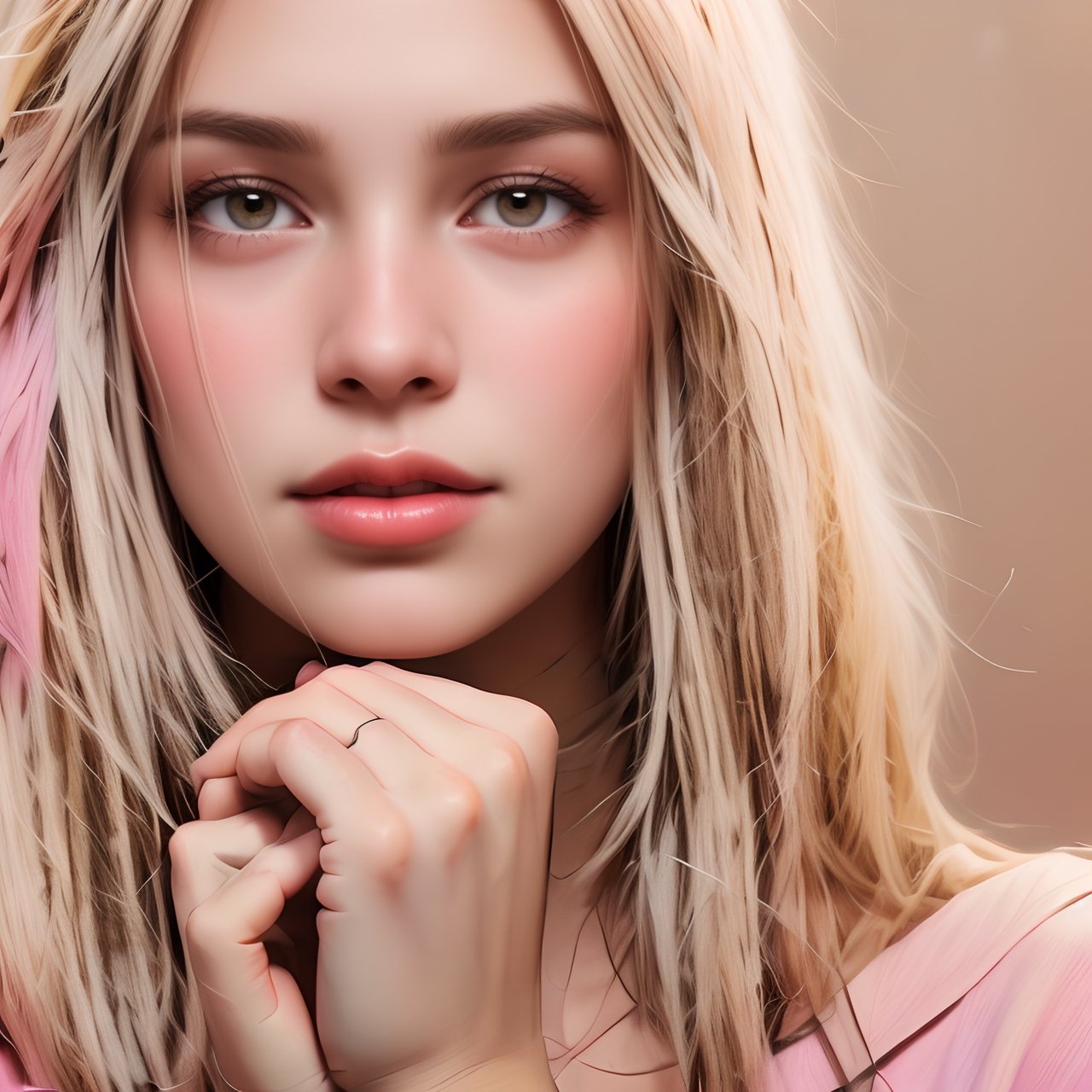 Full length image, digital artwork, long white blonde haired pop girl, posing for album artwork, makeup,High detailed ,SAM YANG,Color magic,Saturated colors,Color saturation , detailed_background, pink, bronze, cream, blush, trending on deviantart, Britney Spears ,<lora:659111690174031528:1.0>