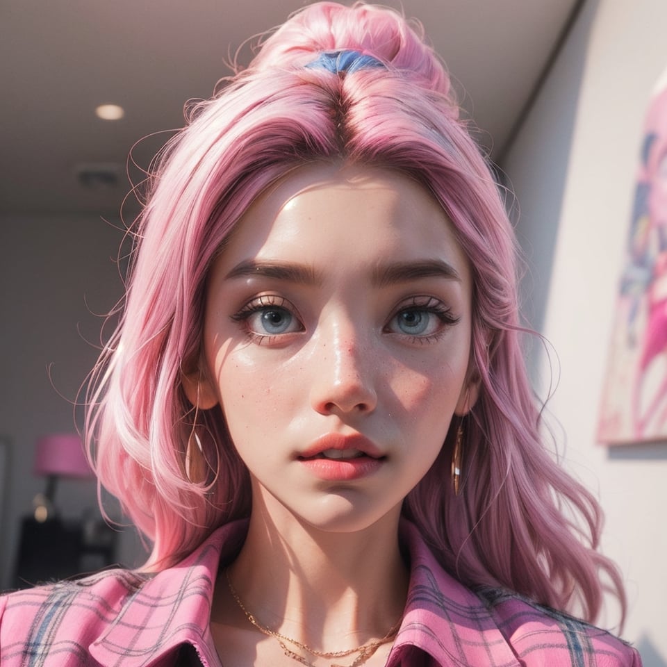 close_up, artwork featuring one female figures, very long hair to waist, very_long bright pink hair in a ponytail, freckles, big eyes, Streetwear, wearing heavy jewelry, pink sheer crop top shirt pink plaid blazer and tiny skirt, inside a pink NYC apartment , created by a renowned artist, showcasing intricate details and vibrant colors. Official art quality with a strong aesthetic appeal. Detailed eyes, High resolution rendering in 4K, full_body, sexy pose,SAM YANG,High detailed ,Color magic,Saturated colors