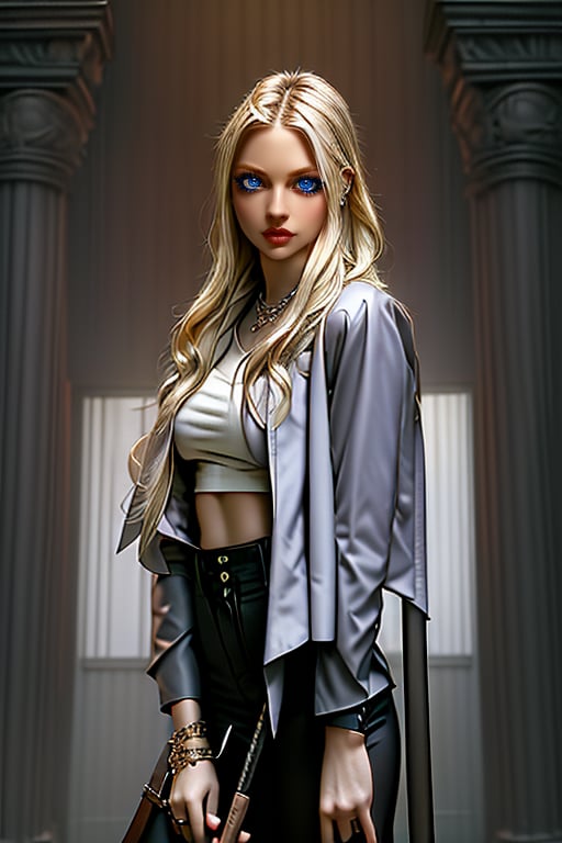 (Masterpiece, best quality), a woman holding a stake in a room, choreographed fight scene, holding a stake, clothes in the style of 1 9 9 0, taurus, a sexy blonde warrior, young Sarah Michelle Gellar, fighting stance energy, very aesthetic!!!!!!!!!!!!!!!, Buffy the vampire Slayer, wearing a cropped tops, jester, inspo