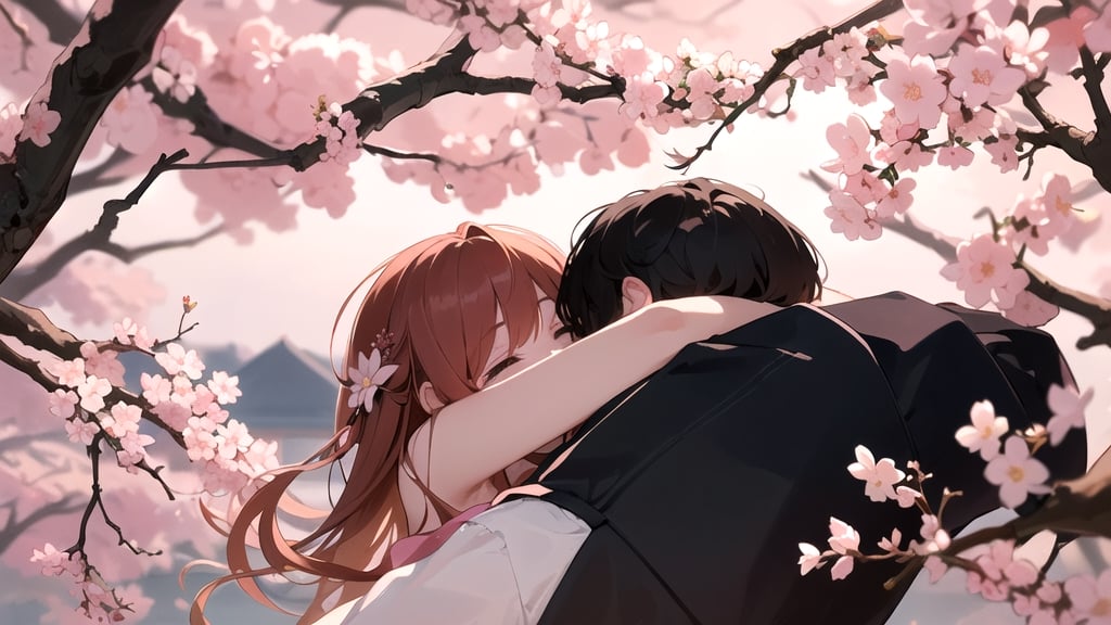 a man standing next to a woman in a pink dress, a picture, tumblr, romanticism, blossom, looking from behind, beautiful background, hugging each other, taken in 2022, maxim sukharev, sakura bloomimg, ny, no words 4 k, jingna zhang, man and woman in love, hiding, up close picture, back