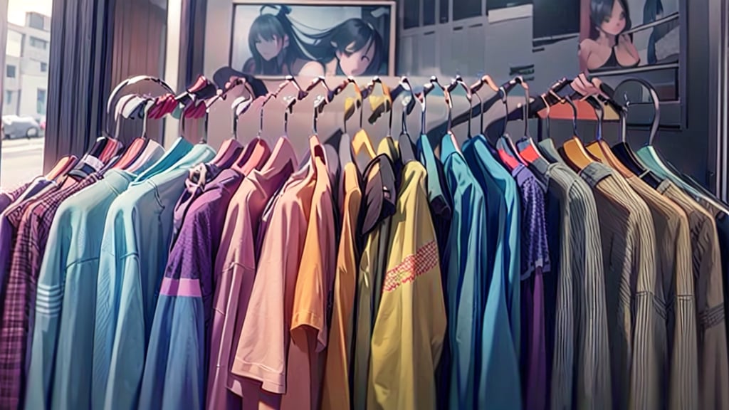 a row of shirts hanging on a rail, a picture, by Raphaël Collin, pexels, wearing a t-shirt, avatar image, inventory item, full colored, presenting wares, brown shirt, zoomed in, productphoto, rack focus, 🤬 🤮 💕 🎀, profile pic, lined up horizontally, centre image, sprays,asian girl