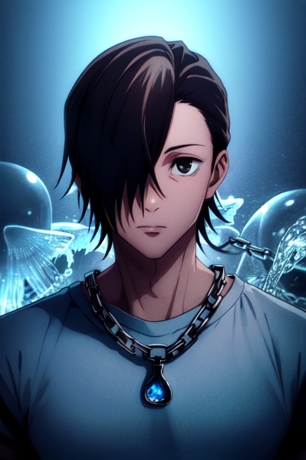 masterpiece, best quality, high quality, 1boy, solo, male focus, looking at viewer, upper body, , junpei_yoshino, dark background, casting blue energy, Blue jellyfish, chains
