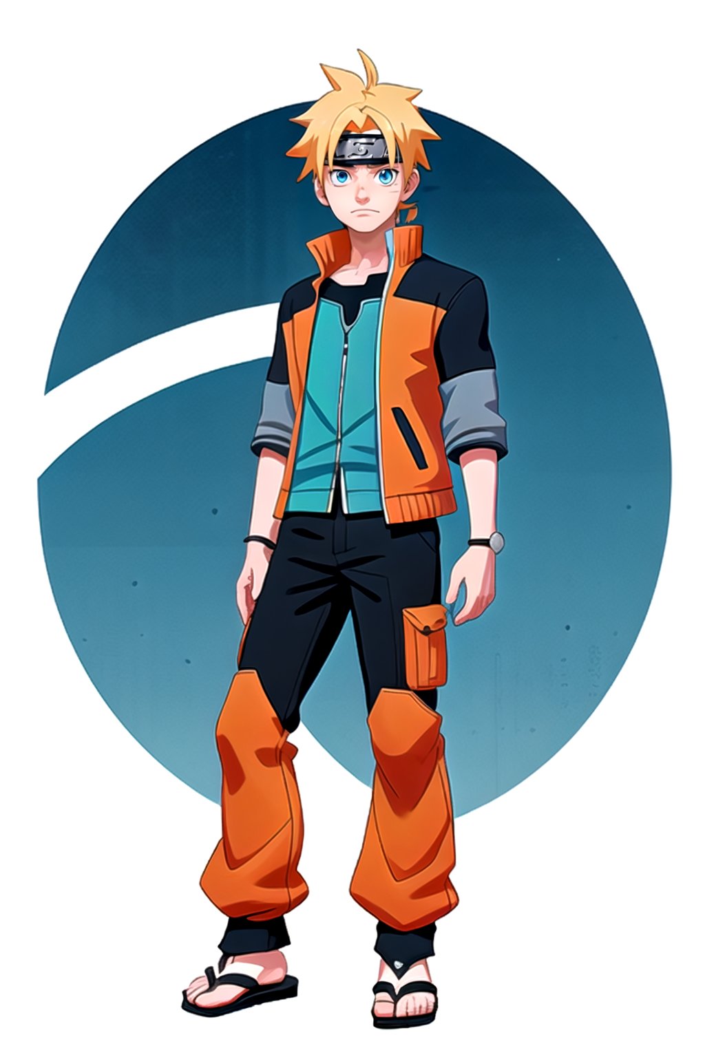 a young man with light blue eyes, spiky hair, three whisker markings on cheeks, orange black jacket, white collar,blue forehead protector, mesh armour underneath , orange pants, blue sandals, masterpiece (bestquality:1.3),bestillustration, extremely detailed 8K wallpaper, genshin_impact, young man, 1boy, blond hair, looking at viewer, official art, pale skin, serious, Naruto, Naruto_(Series)
