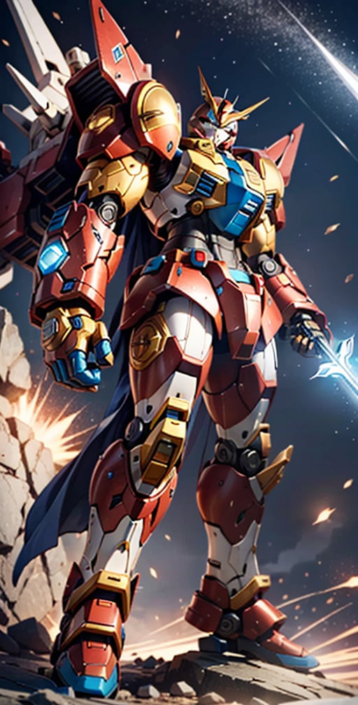 Hulkbuster hybrid gundam, glowing hitech armour, Hi-Tech web shooter, hitech weapon, deadly look, Kingdom, standing on rock, holding ice blue spear, glowing blue spear, shining spear, mecha,