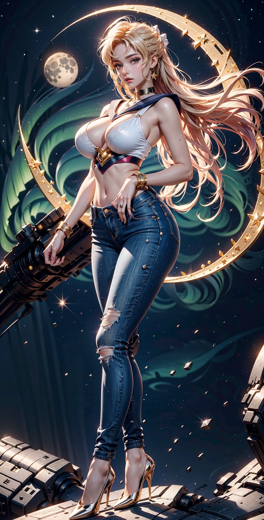 Masterpiece, 16k, intricate details, highest resolution, long shot, perfect lighting, perfect angle, unreal engine, colorful, elaborate and detailed scene, the most beautiful gir, sailor Moon in slim jeans, blonde hair, wide shot, huge detailed moon, aurora, starry night, full body, sexy pose, huge boobs, bursting_breasts,squishing