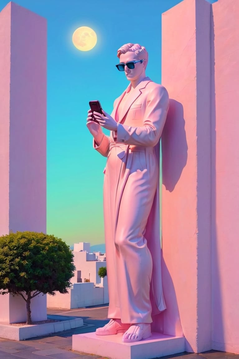 Amidst a landscape of vibrant pastel hues, a statue reminiscent of Ancient Greek Sculpture ff Rodin's 'The Thinker' is depicted wearing modern sunglasses, gazing intently at a smartphone. (((The soft glow of the phone's screen illuminates the statue's face, casting a surreal juxtaposition of ancient artistry and contemporary technology))), aw0k euphoric style,make_3d,3d style,Mechanical part