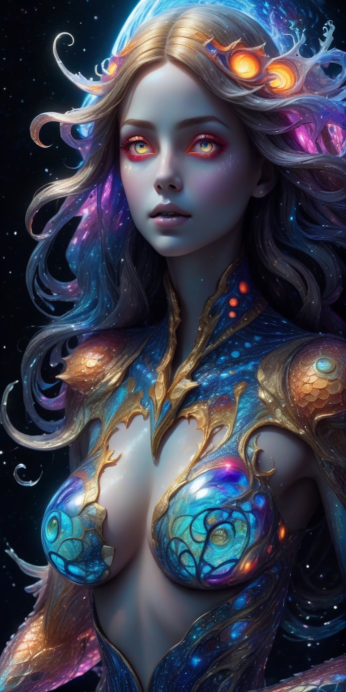 Photo of a beautiful austere-looking colorful majolica sea-creature with translucent scales emitting glowing cosmic energy and radiance with glowing fractal glass elements , she is seated at a rock, full-moon background, 
 awe inspiring sense of beauty, flawless masterpiece, UHD,  hyperdetailed face,  hyperdetailed eyes, glowing mosaic tile elements, galaxy, 35mm digital photograph, sharp focus on eyes ,Monster,ColorART,  ultrarealistic hyperdetailed face 