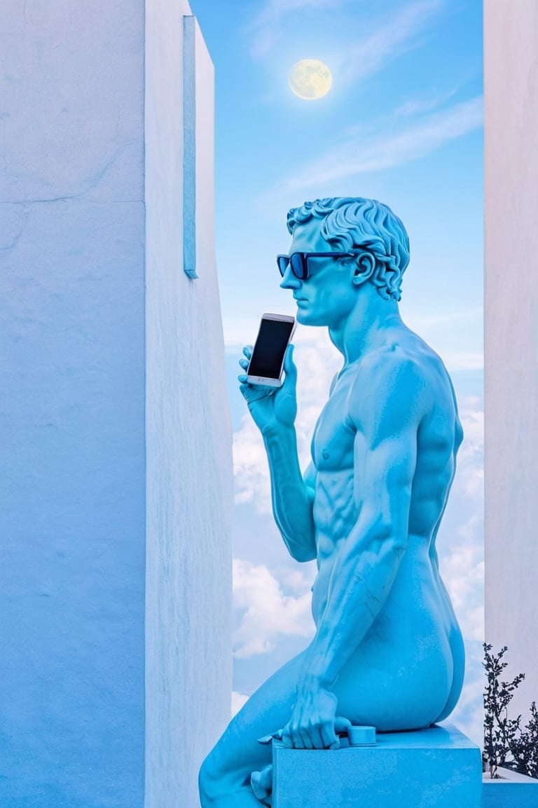 Amidst a landscape of vibrant pastel hues, a statue reminiscent of ancient Greek sculptures--reminiscent of Rodin's 'The Thinker'--is depicted wearing modern sunglasses, gazing intently at a smartphone. ((The soft glow of the phone's screen illuminates the statue's face, casting a surreal juxtaposition of ancient artistry and contemporary technology)), aw0k euphoric style,make_3d,3d style