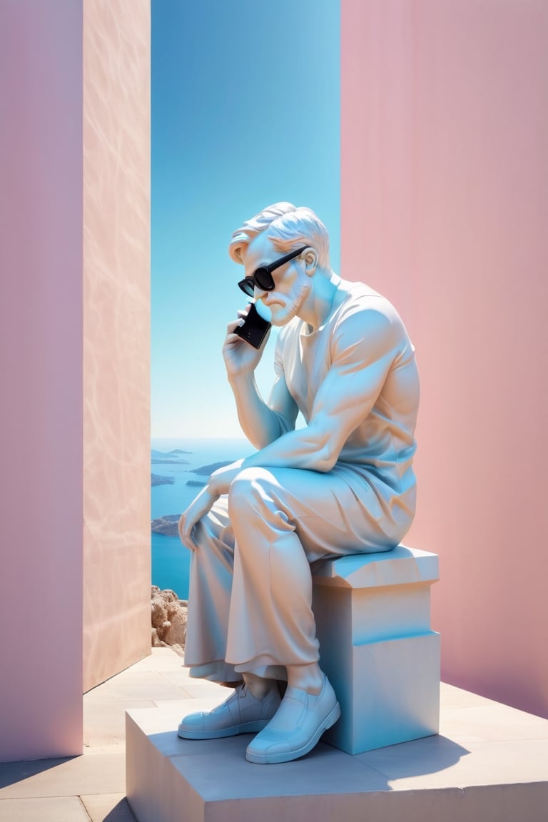 Amidst a landscape of vibrant pastel hues, a statue reminiscent of Ancient Greek Sculpture ff Rodin's 'The Thinker' is depicted wearing modern sunglasses, gazing intently at a smartphone. (((The soft glow of the phone's screen illuminates the statue's face, casting a surreal juxtaposition of ancient artistry and contemporary technology))), aw0k euphoric style,make_3d,3d style,Mechanical part