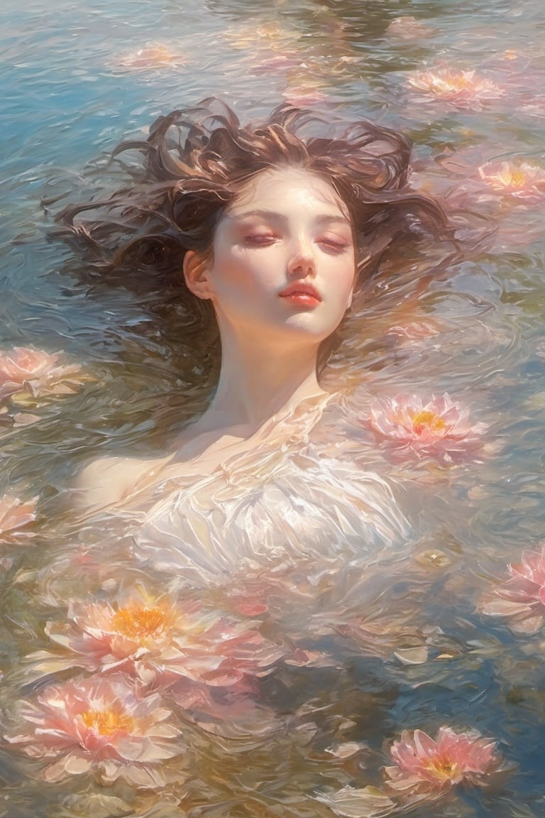 best quality,  extremely detailed,  HD,  8k, oil color painting, 1 sexy girl, ((the flower lake)), (sexy wet top and skirt made of water) , ((sexy and wet)), top view, closeup, face up, (holy:1.25), dreamwave, (aesthetic:1.25), abstract (sharp:1.1), close eyes, art by sargent, nake shoulder, semi nude