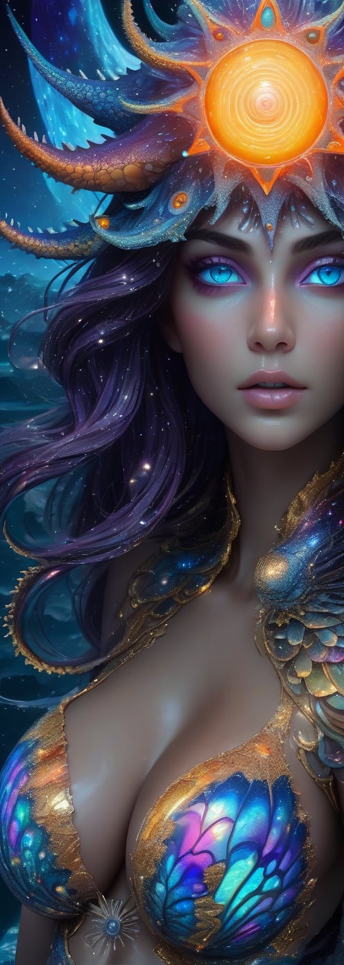 Photo of a beautiful austere-looking colorful majolica sea-creature with translucent scales emitting glowing cosmic energy and radiance with glowing fractal glass elements , she is seated at a rock, full-moon background, 
 awe inspiring sense of beauty, flawless masterpiece, UHD,  hyperdetailed face,  hyperdetailed eyes, glowing mosaic tile elements, galaxy, 35mm digital photograph, sharp focus on eyes ,Monster,ColorART,  ultrarealistic hyperdetailed face 