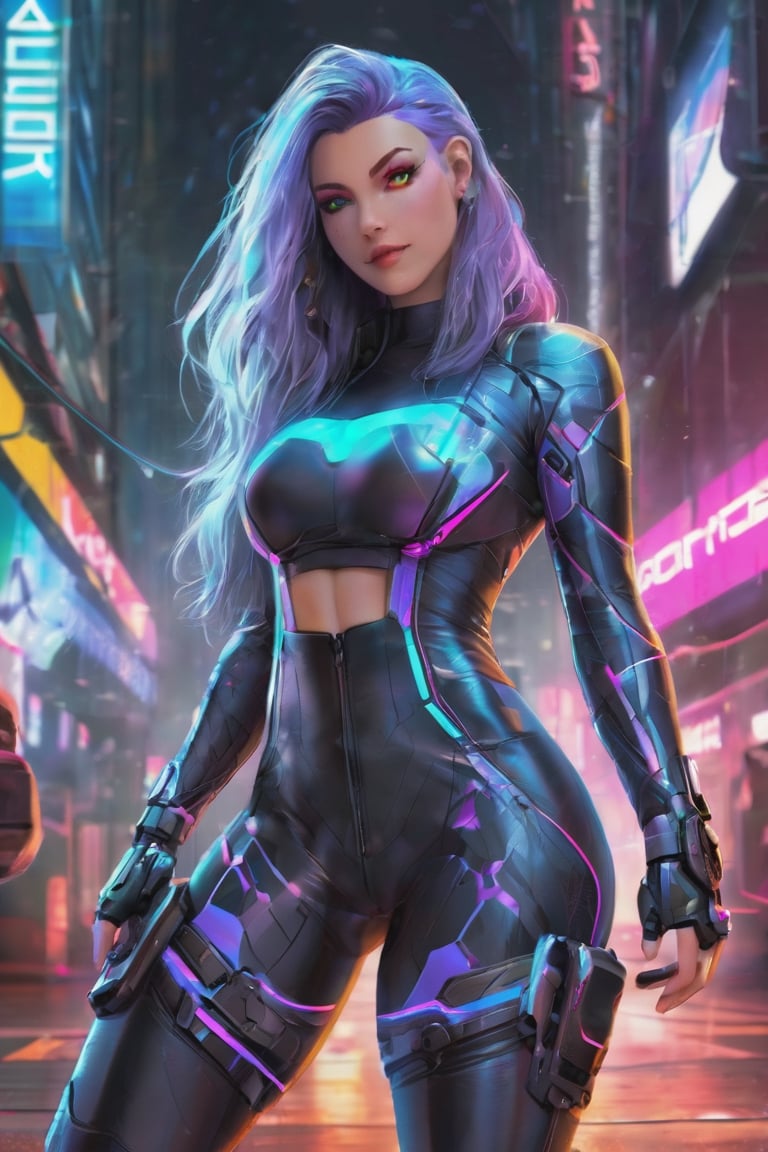 DSLR, HDR, Liquid valorant game theme, glowing sci-fi action pose, (a fullbody gorgeous cyberpunk girl with thick thighs in action pose, looking into camera, wearing skin tight leggings, (perfectly detailed face:1.5), wearing tight sci-fi top, ang geometrical patterns leggings, glowing eyes), ((vivid colors, neon theme, glowing sci-fi pattern, romance, blush, long disheveled hair, sidelocks,  glowing eyes)),portraitart