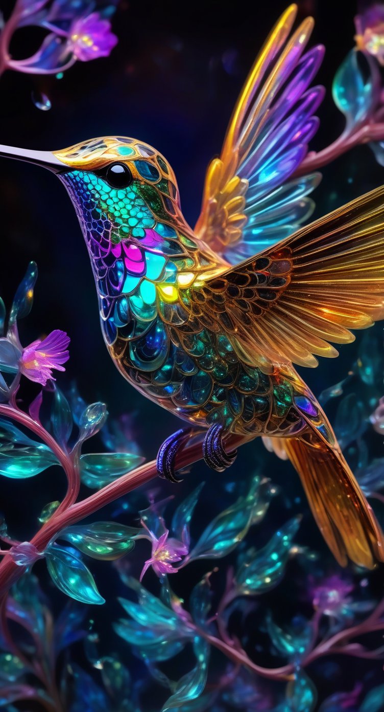 Photo of a beautiful majolica hummingbird with translucent feathers emitting glowing cosmic energy and radiance with glowing fractal glass elements, awe inspiring sense of beauty, flawless masterpiece, UHD,  hyperdetailed face,  hyperdetailed eyes, bacteria art style, galaxy, wide_hips, 35mm digital photograph, sharp focus on eyes, foliage and flowery vines, colorful rendition 