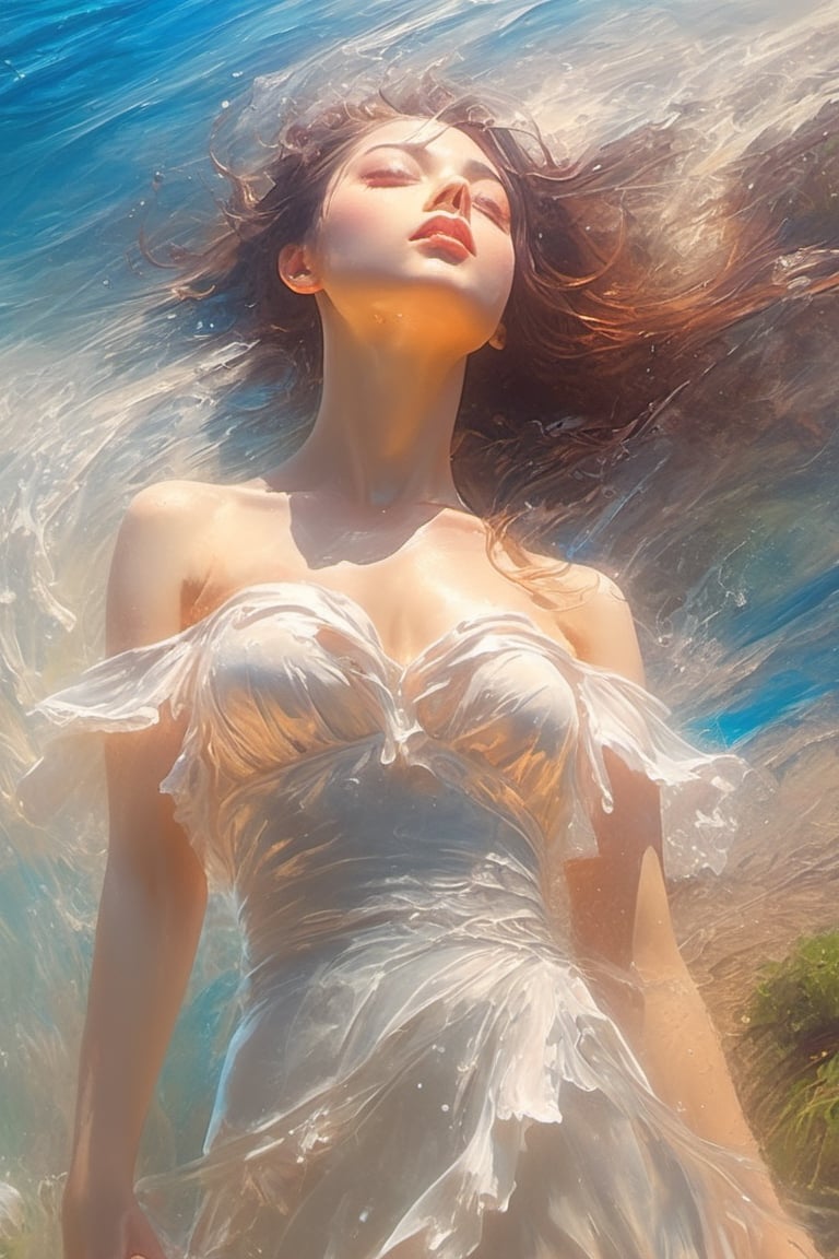 best quality,  extremely detailed,  HD,  8k, oil painting, 1 sexy girl, ((the flower lake)), (sexy wet top and skirt made of water) , ((sexy and wet)), top view, closeup, face up, (holy:1.25), dreamwave, (aesthetic:1.25), abstract (sharp:1.1), close eyes, art by sargent, naked shoulder, semi nude