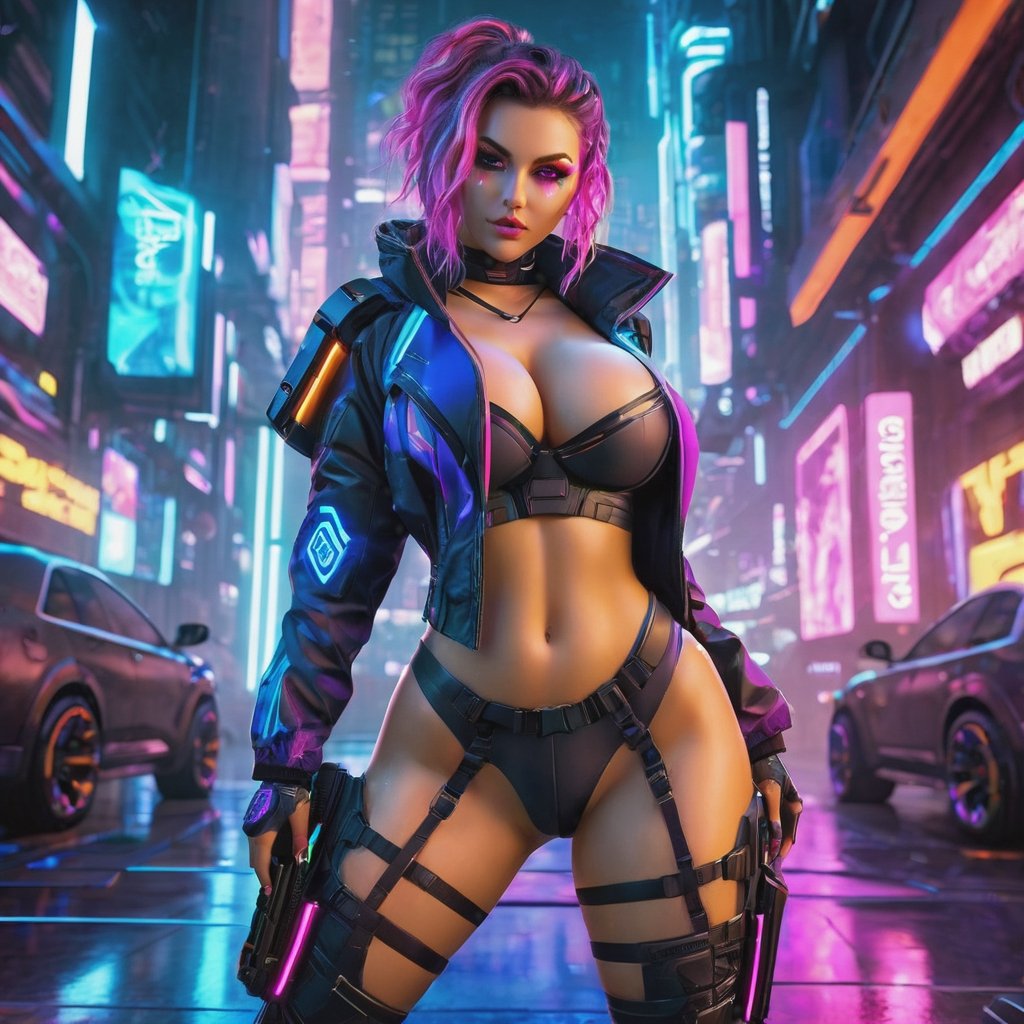 DSLR, HDR, Liquid valorant game theme, glowing sci-fi, (a fullbody gorgerous cyberpunk girl with thick thighs in action pose, looking into camera, (perfectly detailed face:1.5), deep cleavage, natural breasts, glowing eyes), ((vivid colors, neon theme, glowing sci-fi pattern, romance, blush, long disheveled hair, sidelocks,  glowing eyes))