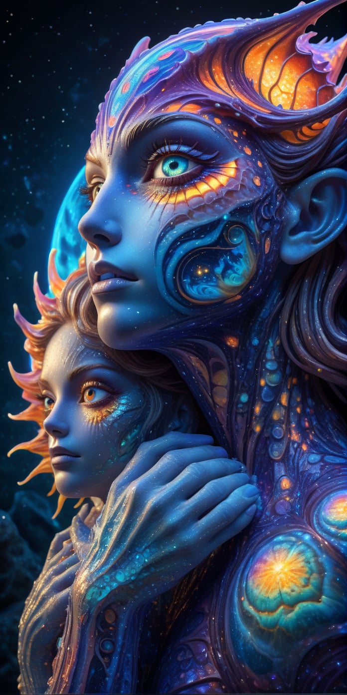 Photo of a couple of beautiful austere-looking colorful majolica sea-creatures hugging each other, they both have translucent scales emitting glowing cosmic energy and radiance with glowing fractal glass elements , she is seated at a rock, full-moon background, 
 awe inspiring sense of beauty, flawless masterpiece, UHD,  hyperdetailed face,  hyperdetailed eyes, glowing mosaic tile elements, galaxy, 35mm digital photograph, sharp focus on eyes ,Monster,ColorART,  ultrarealistic hyperdetailed face ,colorful