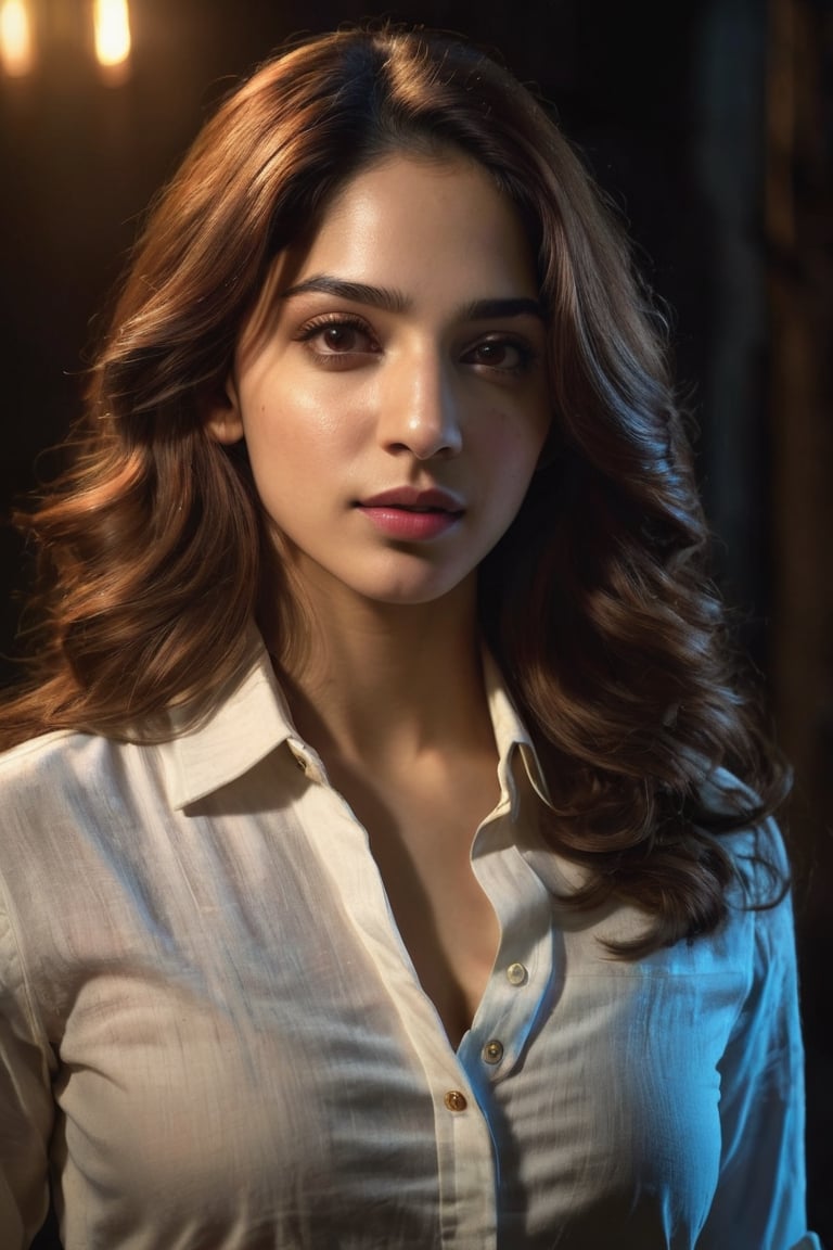 photorealistic, masterpiece, best quality, raw photo, 1girl, medium breasts, long hair, brown hair, collared shirt, looking at viewer, dynamic lighting, in the dark, deep shadow, low key, intricate detail, detailed skin, pore, highres, hdr,tamannah bhatia,photo r3al