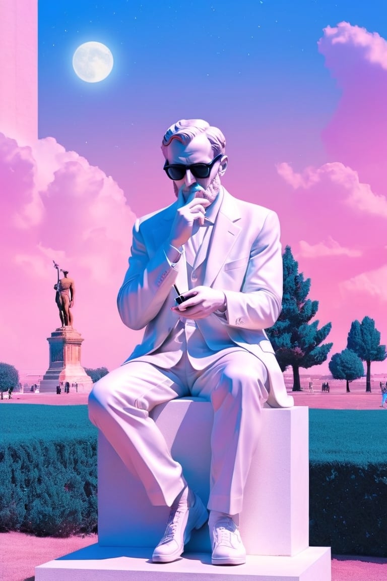 Amidst a landscape of vibrant pastel hues, a statue reminiscent of Ancient Greek Sculpture ff Rodin's 'The Thinker' is depicted wearing modern sunglasses, gazing intently at a smartphone. (((The soft glow of the phone's screen illuminates the statue's face, casting a surreal juxtaposition of ancient artistry and contemporary technology))), aw0k euphoric style,make_3d,3d style