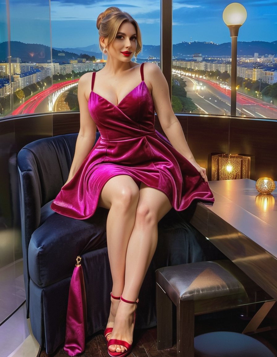 Darling, Romantic, (sweet), Alluring, cute, beautiful, attractive, appealing, fortunate, luxury, expensive, gorgeous 30yo Rich wife, (thick thighs:1.4), tight silky bun hair, in luxurious velvet dress, in her glass mashion, nighttime, sexy, HDR, (DSLR 8k view:1.2),3un,yua_mikami,elina