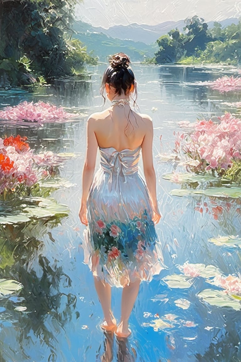 best quality,  extremely detailed,  HD,  8k, oil painting, 1 sexy girl, ((the flower lake)), (sexy wet top and skirt made of water) , ((sexy and wet)), top view, closeup, face up, (holy:1.25), dreamwave, (aesthetic:1.25), abstract (sharp:1.1), close eyes, art by sargent, naked shoulder, semi nude,ink scenery