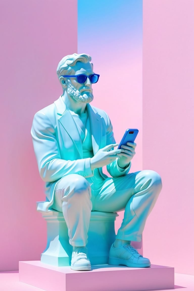 Amidst a landscape of vibrant pastel hues, a statue reminiscent of Ancient Greek Sculpture ff Rodin's 'The Thinker' is depicted wearing modern sunglasses, gazing intently at a smartphone. (((The soft glow of the phone's screen illuminates the statue's face, casting a surreal juxtaposition of ancient artistry and contemporary technology))), aw0k euphoric style,make_3d,3d style