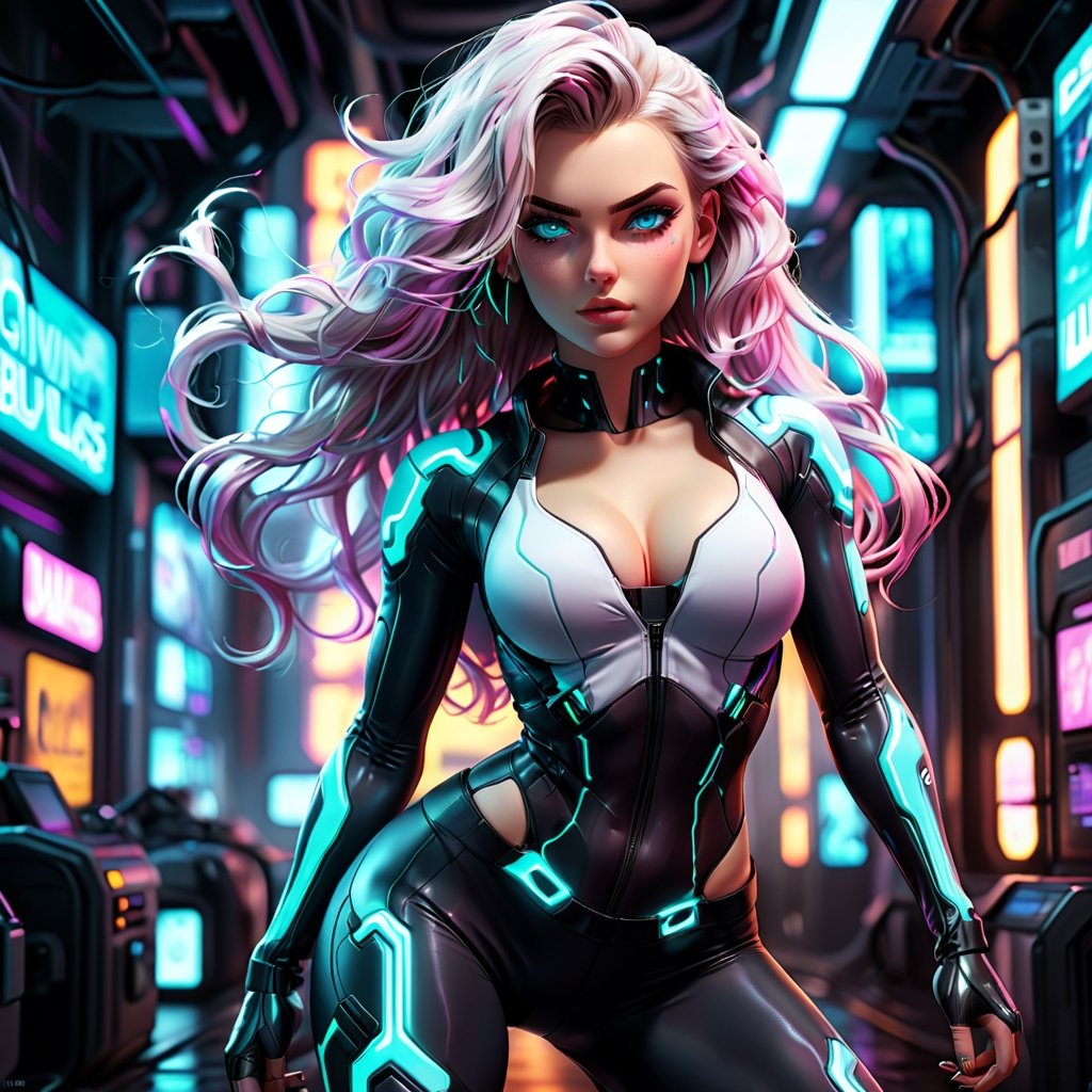 DSLR, HDR, Liquid valorant game theme, glowing sci-fi, arching pose, a fullbody gorgeous cyberpunk girl with thick thighs in action pose, looking into camera, wearing skin tight leggings, (perfectly detailed face:1.5), (wearing glowing top, ang geometrical patterns leggings, glowing eyes), ((vivid colors, neon theme, glowing sci-fi pattern, romance, blush, long disheveled hair, sidelocks,  glowing eyes)),portraitart,cyberpunk style,portrait art style,cyberpunk,cinematic  moviemaker style