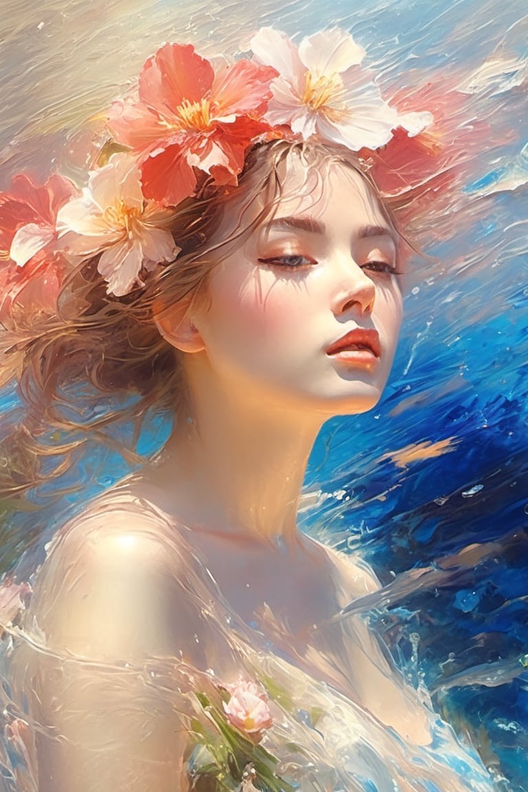 best quality,  extremely detailed,  HD,  8k, oil painting, 1 sexy girl, ((the flower lake)), (sexy wet top and skirt made of water) , ((sexy and wet)), top view, closeup, face up, (holy:1.25), dreamwave, (aesthetic:1.25), abstract (sharp:1.1), close eyes, art by sargent, naked shoulder, semi nude