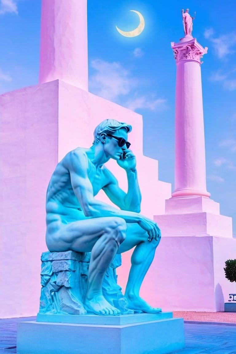 Amidst a landscape of vibrant pastel hues, a statue reminiscent of Ancient Greek Sculpture ff Rodin's 'The Thinker' is depicted wearing modern sunglasses, gazing intently at a smartphone. (((The soft glow of the phone's screen illuminates the statue's face, casting a surreal juxtaposition of ancient artistry and contemporary technology))), aw0k euphoric style,make_3d,3d style