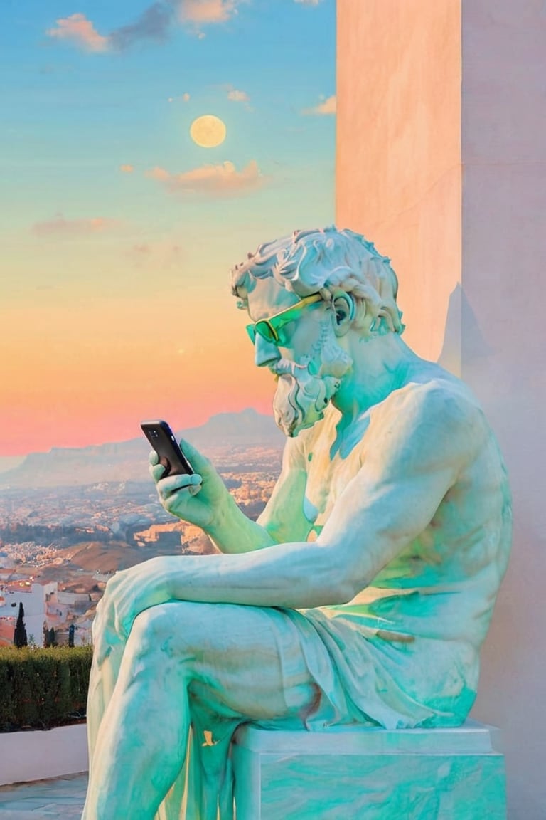 Amidst a landscape of vibrant pastel hues, a statue reminiscent of ancient Greek sculptures--reminiscent of Rodin's 'The Thinker'--is depicted wearing modern sunglasses, gazing intently at a smartphone. ((The soft glow of the phone's screen illuminates the statue's face, casting a surreal juxtaposition of ancient artistry and contemporary technology)), aw0k euphoric style,make_3d