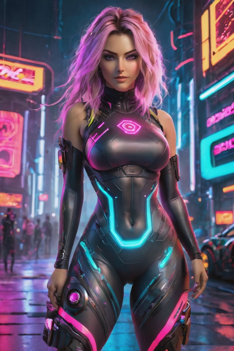 DSLR, HDR, Liquid valorant game theme, glowing sci-fi action pose, (a fullbody gorgeous cyberpunk girl with thick thighs in action pose, looking into camera, wearing skin tight leggings, (perfectly detailed face:1.5), wearing tight sci-fi top, ang geometrical patterns leggings, glowing eyes), ((vivid colors, neon theme, glowing sci-fi pattern, romance, blush, long disheveled hair, sidelocks,  glowing eyes)),portraitart,cyberpunk style