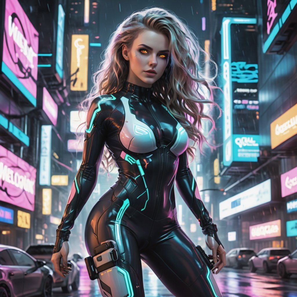 DSLR, HDR, Liquid valorant game theme, glowing sci-fi, jumping action pose, a fullbody gorgeous cyberpunk girl with thick thighs in action pose, looking into camera, wearing skin tight leggings, (perfectly detailed face:1.5), (wearing glowing top, ang geometrical patterns leggings, glowing eyes), ((vivid colors, neon theme, glowing sci-fi pattern, romance, blush, long disheveled hair, sidelocks,  glowing eyes)),portraitart,cyberpunk style,portrait art style,cyberpunk,cinematic  moviemaker style