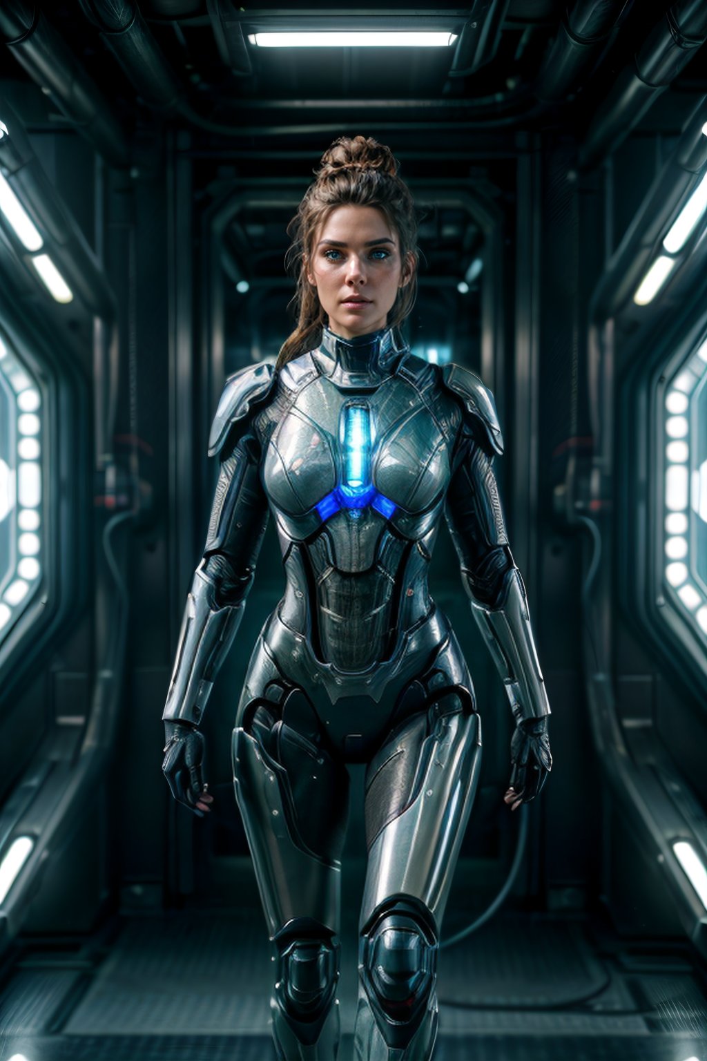  mjgrt,8k photo.(Full body shot).22yo woman. The Expanse  books.Roberta "Bobbie" W. Draper.(over two meters tall)  (100 pounds of muscle). (tight bun)( beautiful face:1.2).(detailed face:1.2). (perfect face:1.2) .(wearing a shell massive ceramic powerarmor)(ceramic connections between the plates. metal joints. servomotors and hydraulic pipes.) without a helmet on, standing(ceramic armor:1.1.(Highly attractive) in  Goliath powered armor.Space.science fiction.ultra realistic, unreal engine, raytracing, dslr, post-processing, max detail, massive scale, studio lighting, digital painting, digital art, digital,beautiful detailed eyes.extremely detailed eyes and face.Detailed background,Full body shot.in well lit  futuristic building.complex and varied background.machines, people, electrical parts and television screens.hard focus.cowboy shot