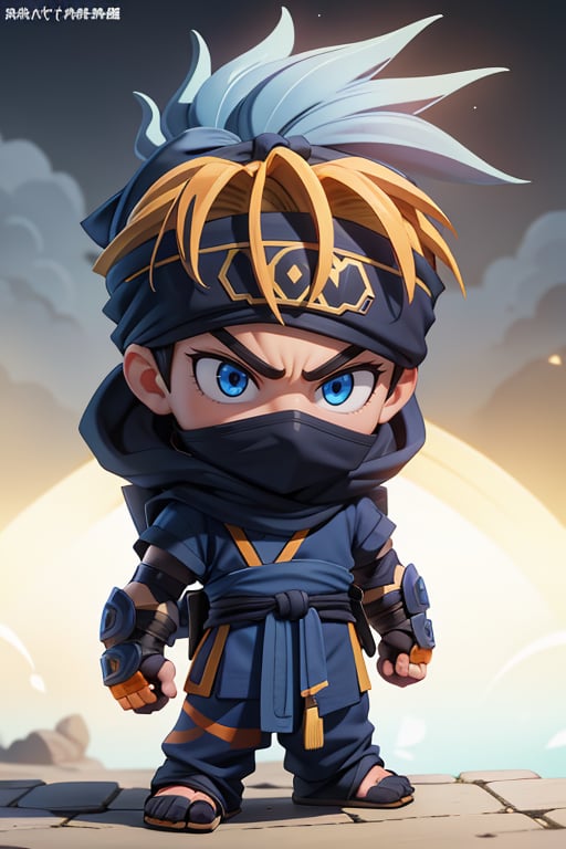 Masterpiece, best quality, boy, (20 years), ninja, blue eyes, yellow medium hair, (bandana tied around their forehead,) angry face, looking-at-viewer, cinematic illumination, light studio, morning sky, village background, (traditional ninja clothes), (orange outfit), dark blue accessories, intricate details.