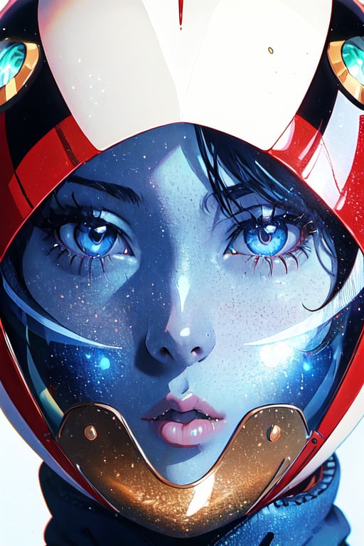 1 girl, fiery red jacket, tight suit,Space helm of the 1960s,and the anime series G Force of the 1980s,Darf Punk wlop glossy skin, ultrarealistic sweet girl, space helm 60s, holographic, holographic texture, the style of wlop, space, stands on a pedestal 