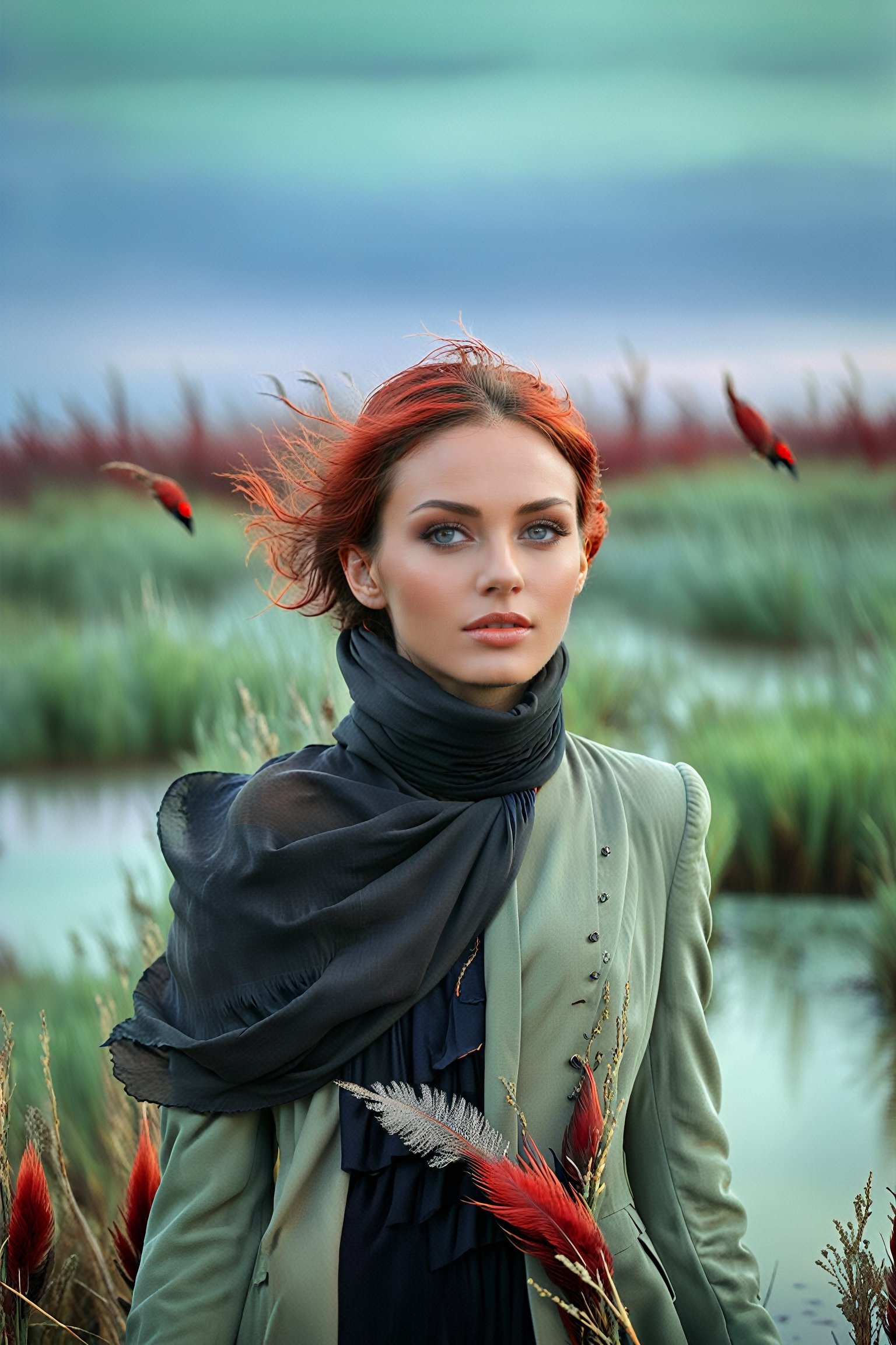 (ultra realistic photograph:1.3) portrait, (matte skin texture:1.2) (realistic skin texture:1.3)  (8k, RAW photo, best quality, ultra high res, photorealistic, masterpiece, ultra-detailed, Unreal Engine) A Photograph of a woman standing amidst a vast marsh, enveloped by a pale green sky. Surreal red birds perch on bare branches, their vibrant feathers contrasting against the dreamlike scenery. The person's blurred face adds an air of mystery as they don a dark blue coat with a high collar and a black scarf. Explore the depths of surrealism in capturing this enigmatic moment.