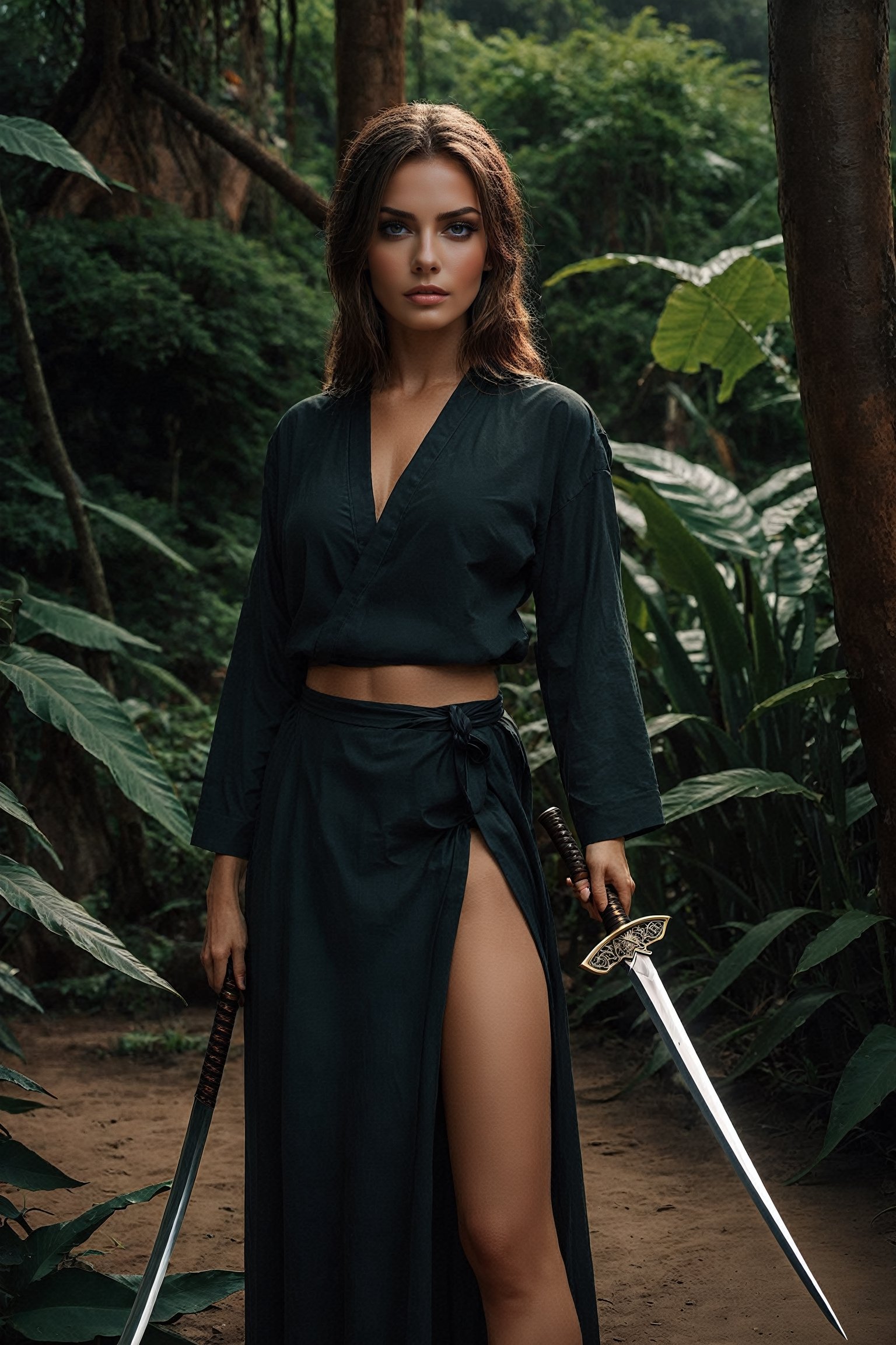 (ultra realistic photograph:1.3)  (matte skin texture:1.2)  (32k, RAW photo, best quality, ultra high res, photorealistic, masterpiece, ultra-detailed, Unreal Engine), camera low Angle, camera close, best quality, 1girl, solo_female holding a (realistic and shiny katana:1.4), inspired by rossdraws, Artstation contest winner, avatar image, karol bak uhd, andreas rocha style, an edgy teen assassin, ultra detailed portrait, beautiful avatar pictures, anato finnstark and alena aenami, jungle grunge, the style of andreas rocha,Epicrealism,photo r3al,Landskaper,inst4 style,photor3al