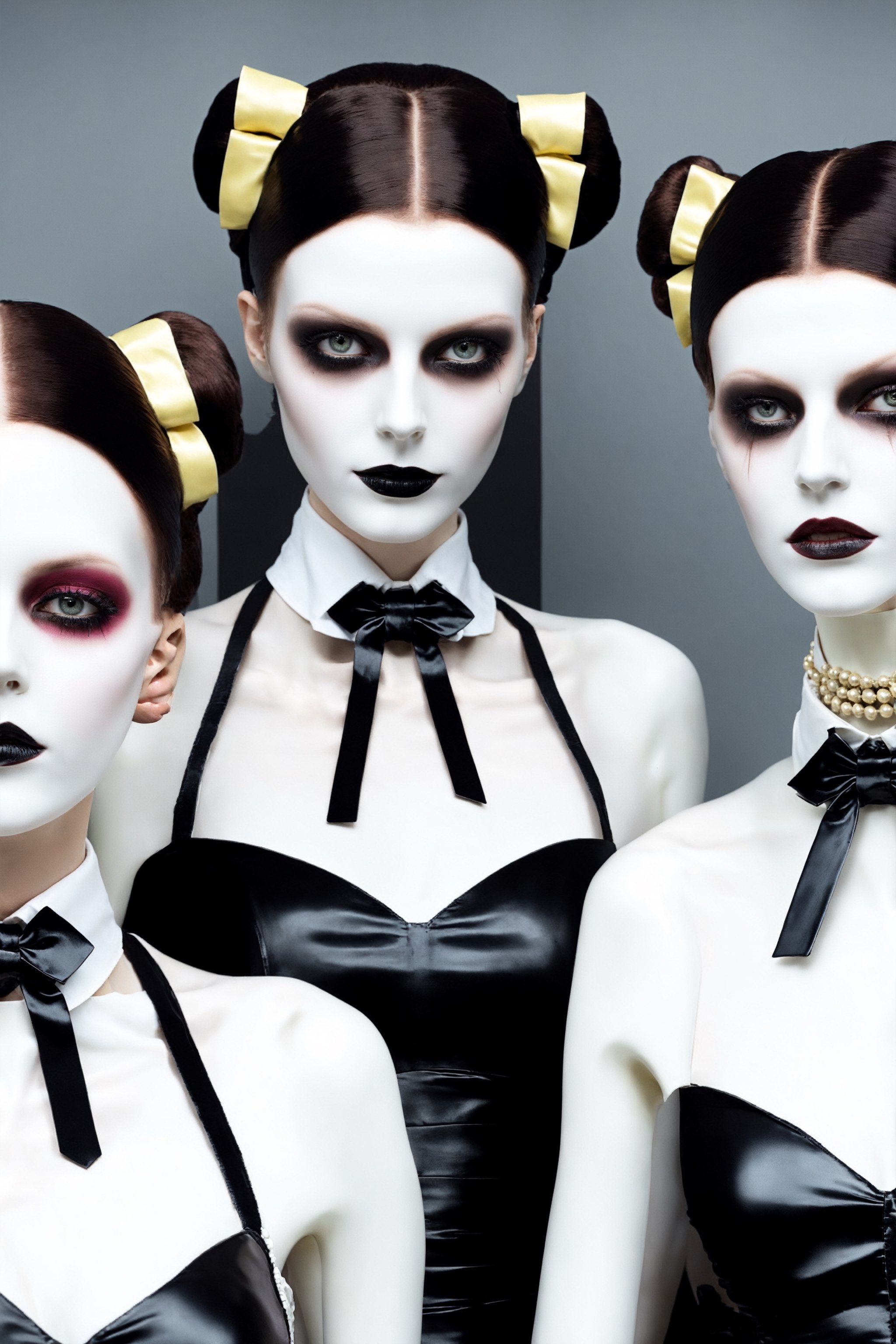 otherworldly horrorcore photograph, 3 females, unholy martyrs,  weird minimalism,  insanity fragmentation,  surreal pop necrocore art,  glorypunk,  a close up of 3 women wearing a bow ties, character portraits,  by Jason Teraoka,  trending on cg society,  neo-figurative,  yellow and black robotic parts,  nun fashion model,  (3 porcelain japanese mannequins:1.4),  (white hime cut hairstyle:1.4),  harnesses and garters,  official product photo,  blindfold,  maid outfit,  latex,  anime figurine,  vibrant darkness,  in the style of macabrecore nightmare,  psychosis, rage,  guro,  gorepunk,  muted colors,  partially desaturated,  pink and black palette. Horror photography Chromatic scale,postcard, landskaper 